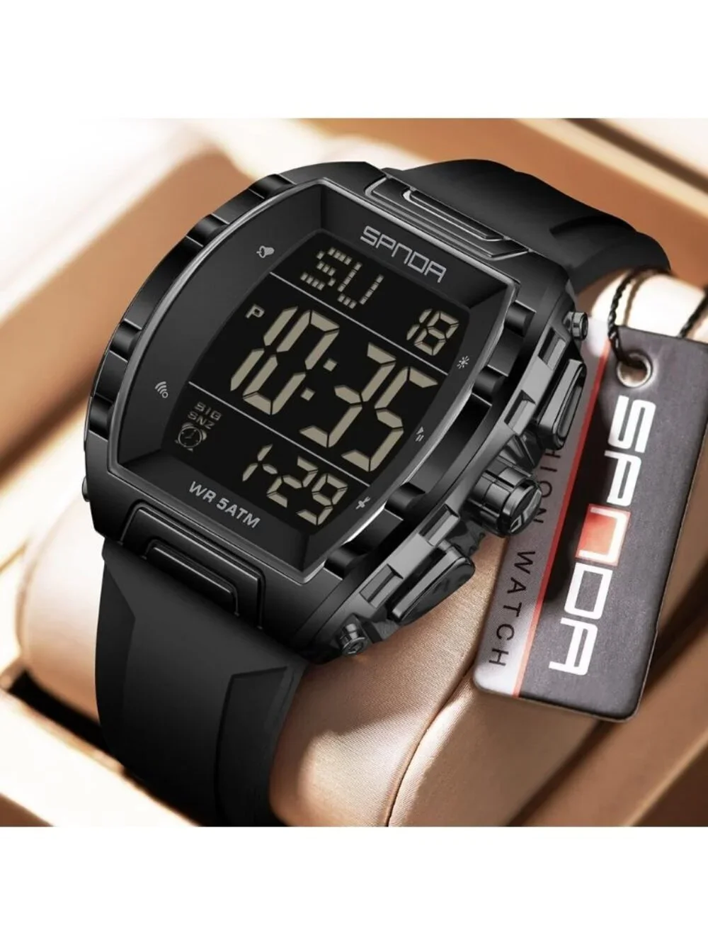 Men's Black Analog Quartz Tonneau Shape Dual Waterproof Digital Luxury Watch